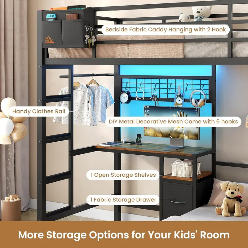 DICTAC Bunk Bed with Desk, Led Lights and Charging Station
