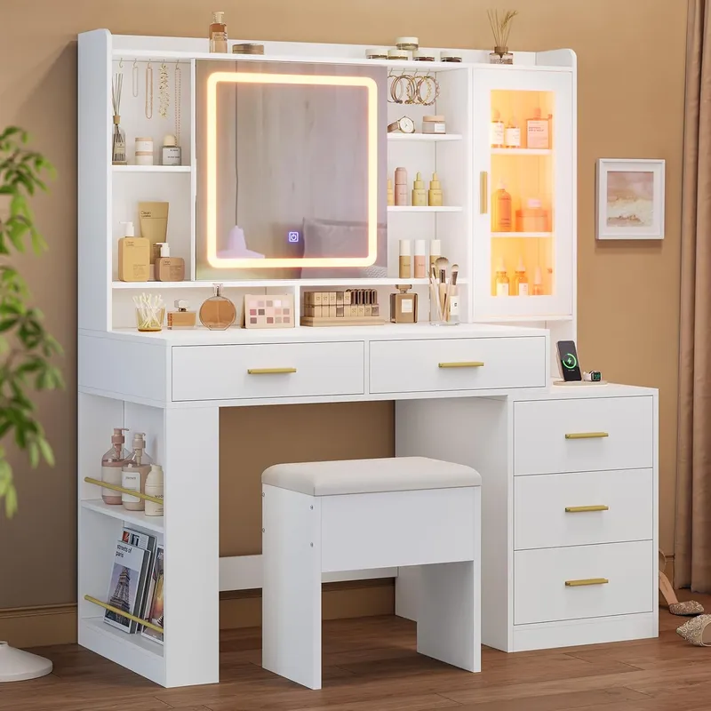 DICTAC Farmhouse Makeup Vanity Desk with Lighted Mirror & Power Strips, White
