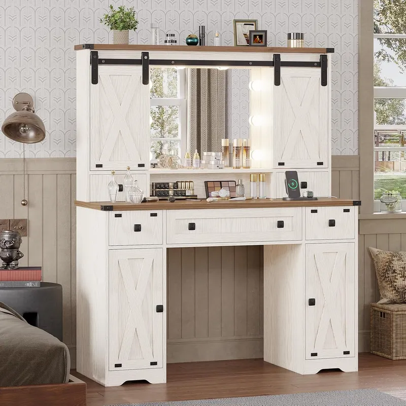 DICTAC Farmhouse Makeup Vanity Desk with Lighted Mirror & Power Strips