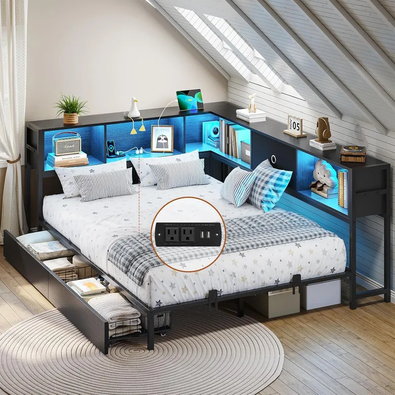 DICTAC Full Corner Bed Frame with Bookcase Storage and Led Lights, Black