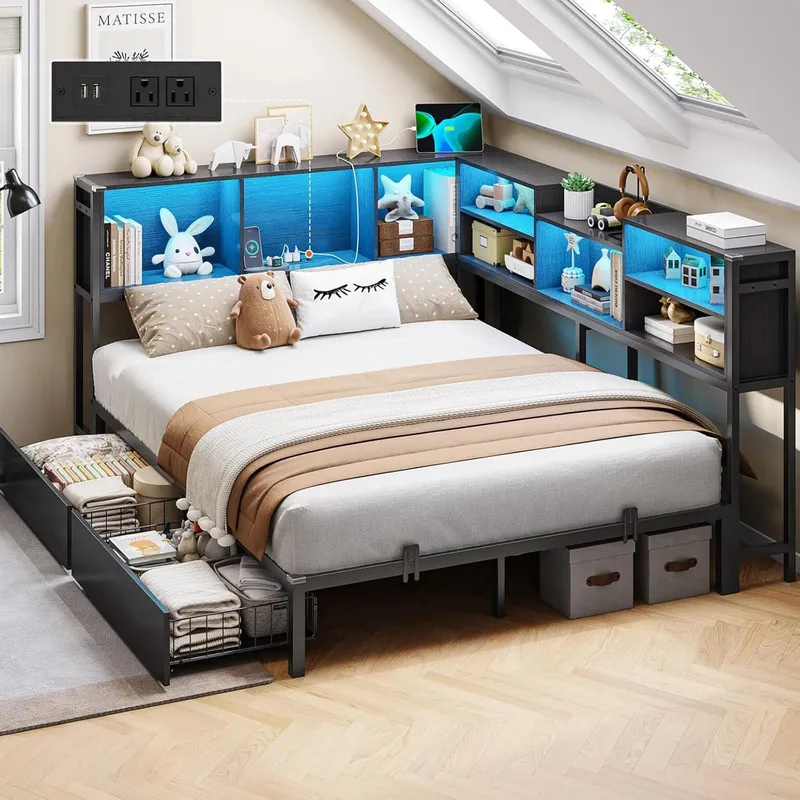 DICTAC Full Corner Bed Frame with Bookcase Storage and Led Lights