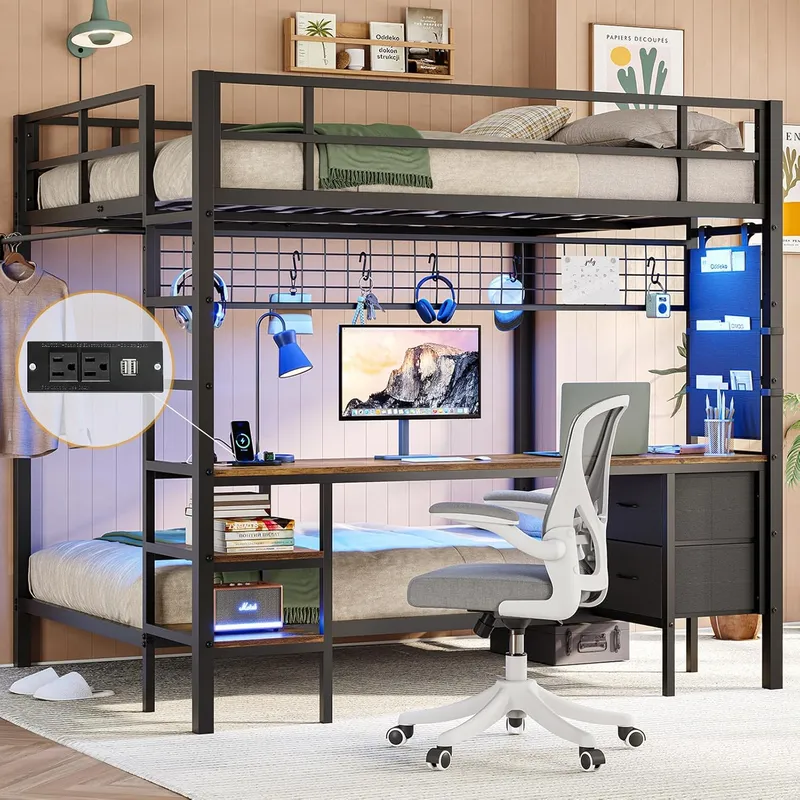 DICTAC Full Over Twin Bunk Bed with Desk and Charging Station