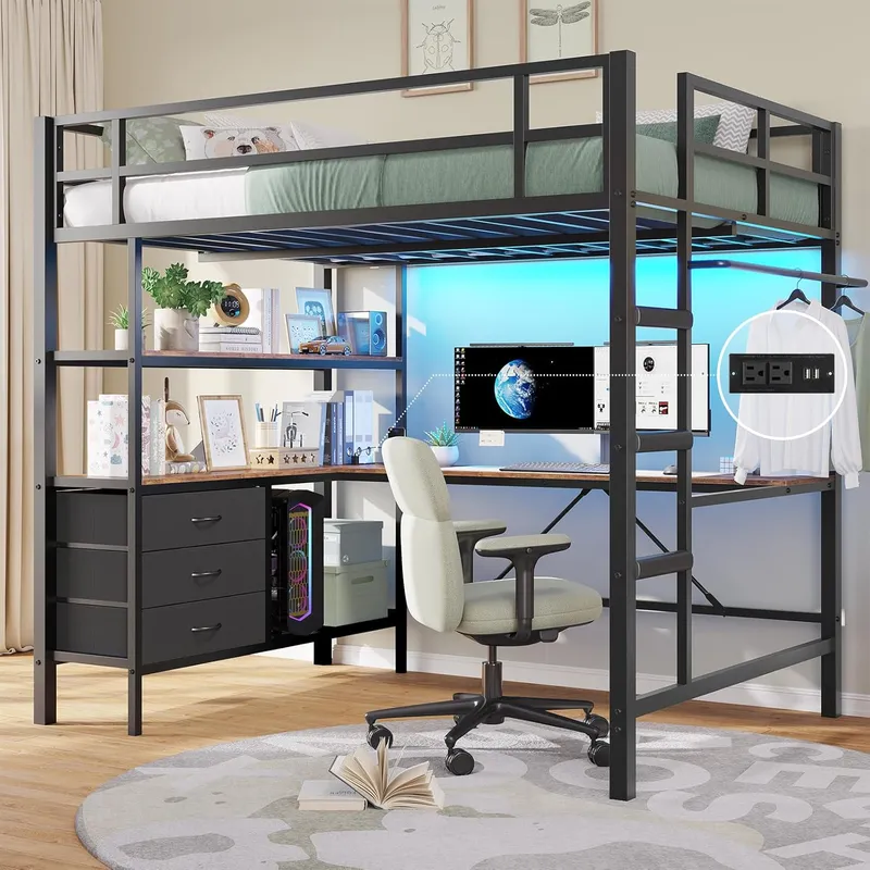 DICTAC Loft Bed Full Size with L-Shaped Desk and Charging Station