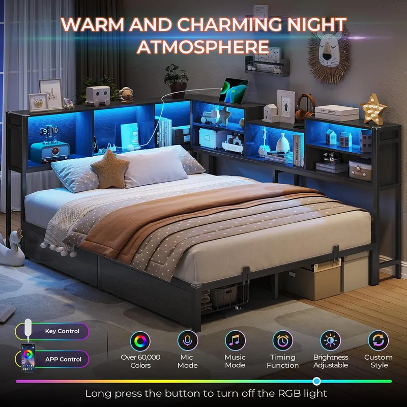 DICTAC Metal Platform Bed Frame with 2 Drawers and Charging Station