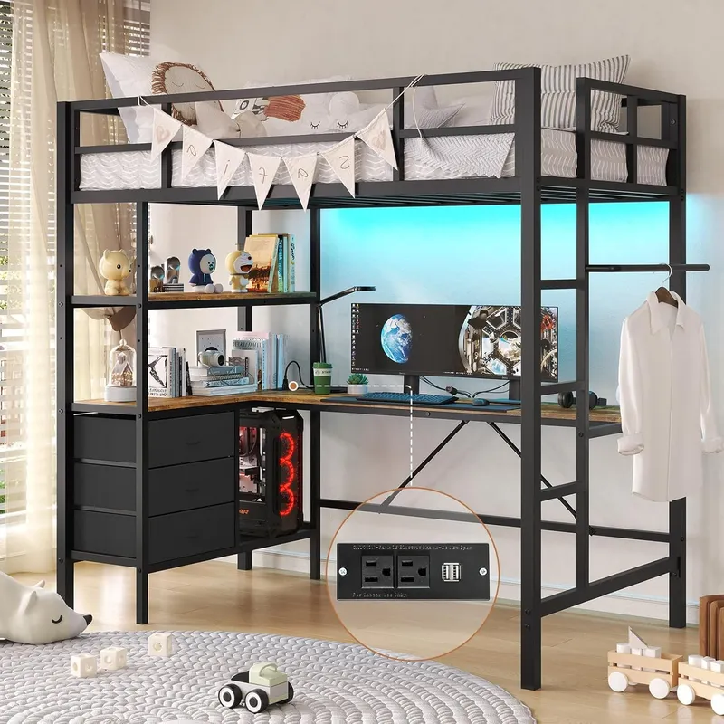 DICTAC Twin Loft Bed with L-Shaped Desk, Black