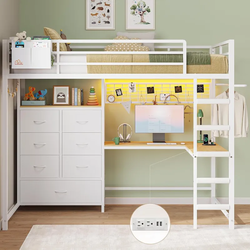 DICTAC Twin Size Loft Bed with L-Shaped Desk and 7 Storage Drawers